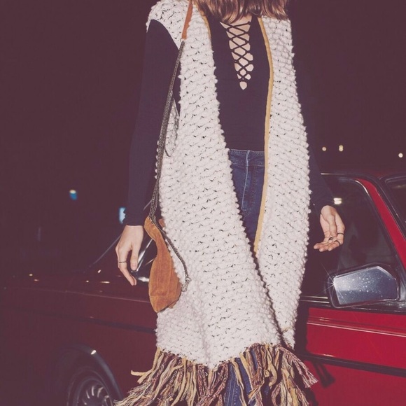 Free People Madeline Long Fringe Boho Chunky Cardigan Sweater Vest Large - Picture 3 of 6